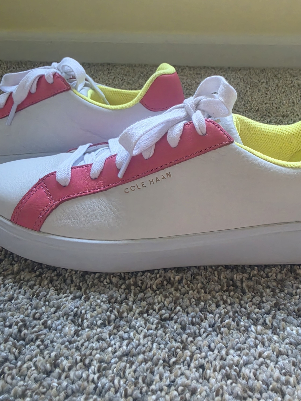 Cole Haan White Sneakers with Pink Accents and Neon Yellow Lining